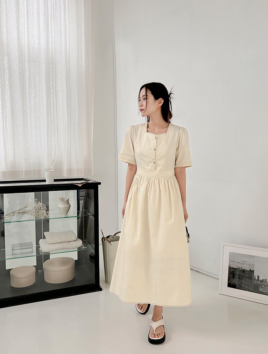 [EVELLET] Subian Cotton Color Matching Stitch Long Dress