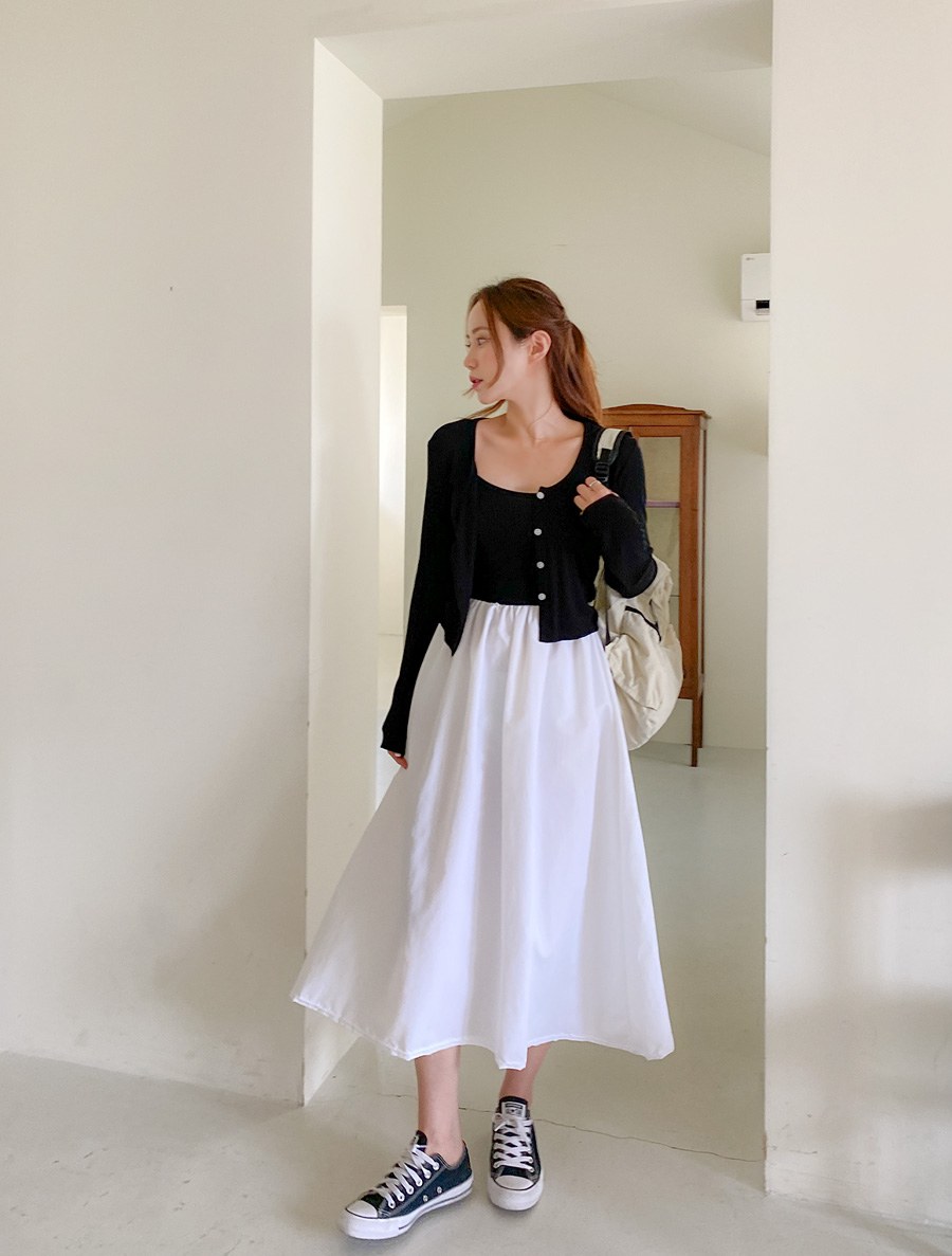 [EVELLET] Ravenon Cardigan Sleeveless Dress SET