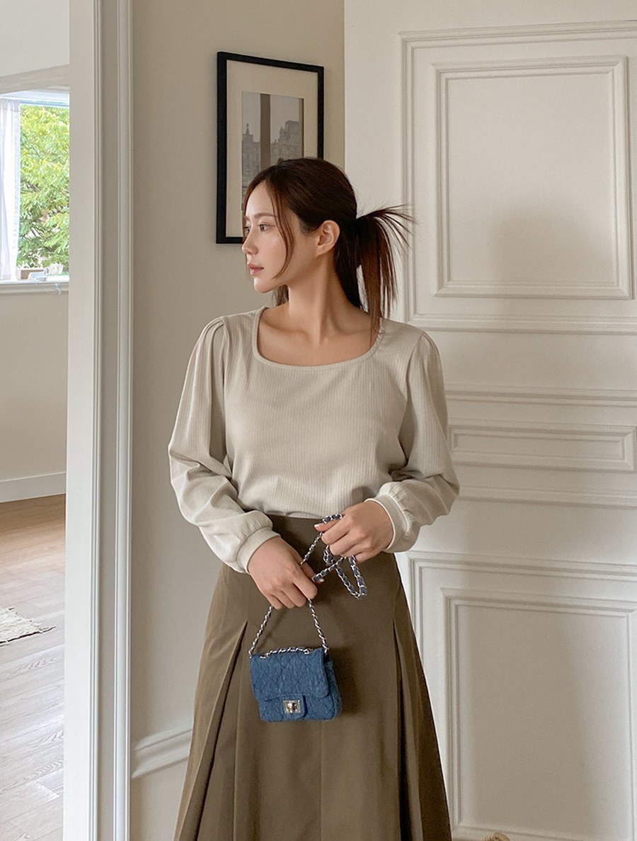 [EVELLET] Charming Puff Ribbed Puff Long-sleeve Tea Blouse