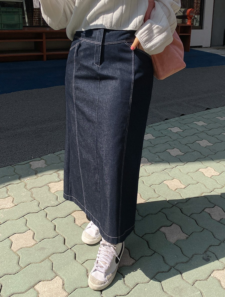 [EVELLET] Minnua Non-fade Denim Long Skirt