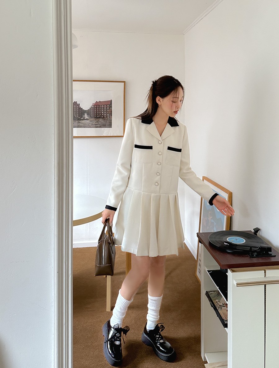 [EVELLET] Medean Tweed Pleats Mini Dress