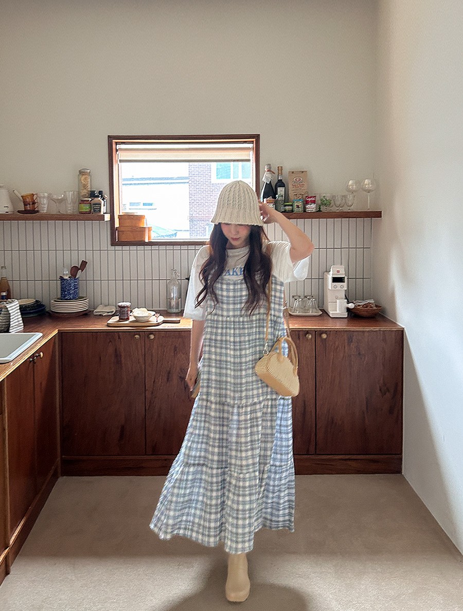 Neruki Wrinkle Plaid Check Tiered Bustier Long Dress