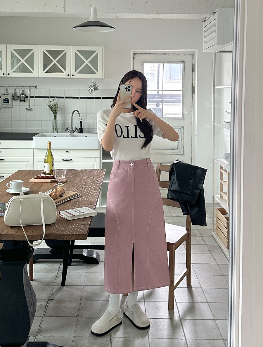 [EVELLET] Deherin stitch slit long skirt