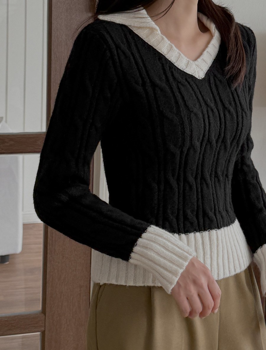 [EVELLET]Nifan Collar Contrast Knit