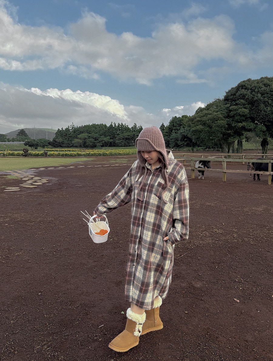 Yuvenme Wool Plaid Check Shirt Dress