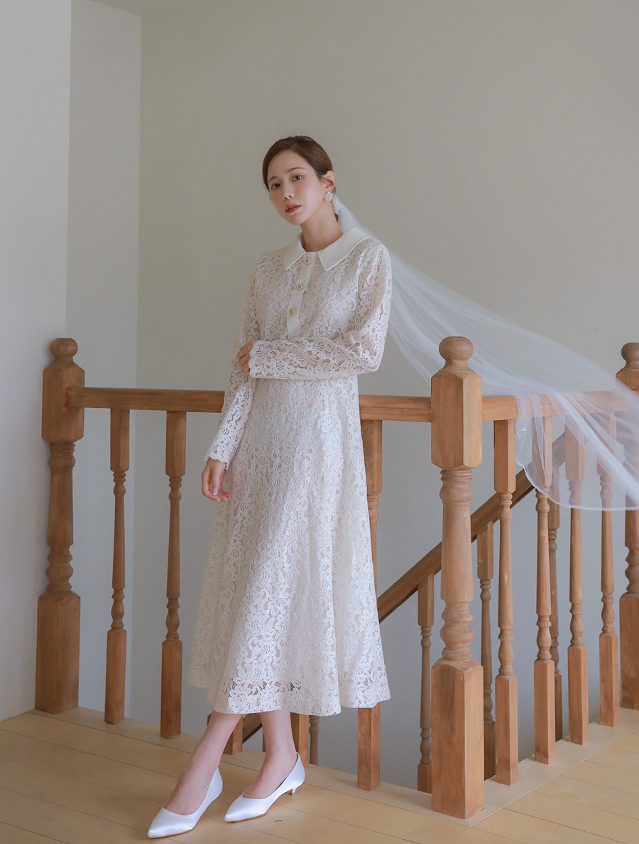 [EVELLET] Hendiren Lace Collared Long Dress