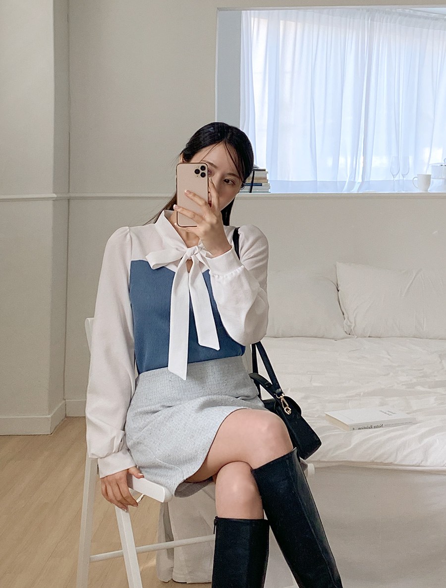 [EVELLET] Covert Contrast bowknot Blouse