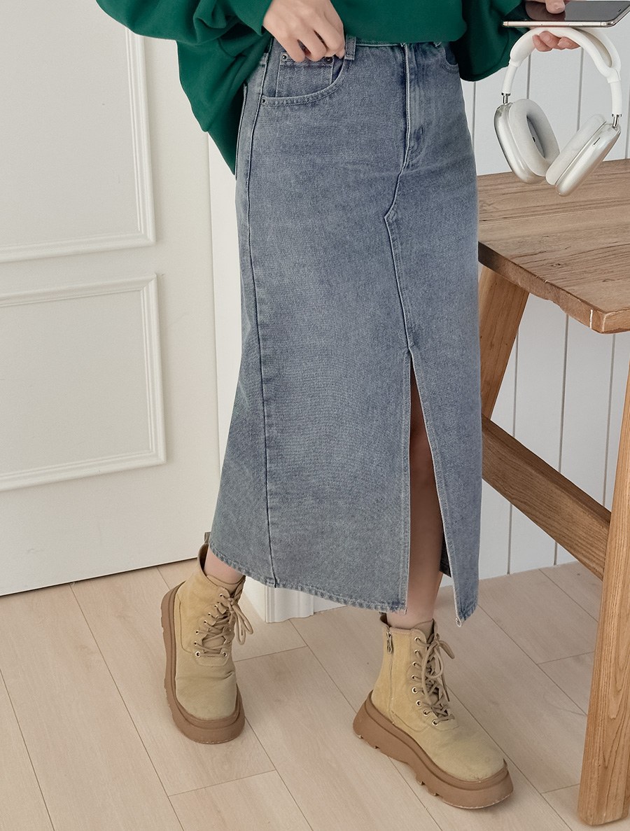 [EVELLET] Brind Denim Slit Skirt