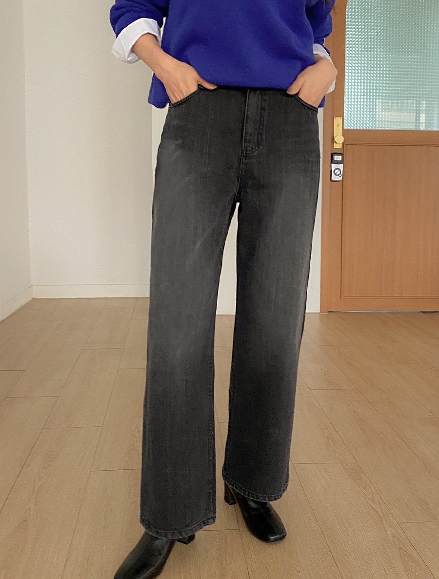 [EVELLET] Nerion fleece semi-wide denim pants