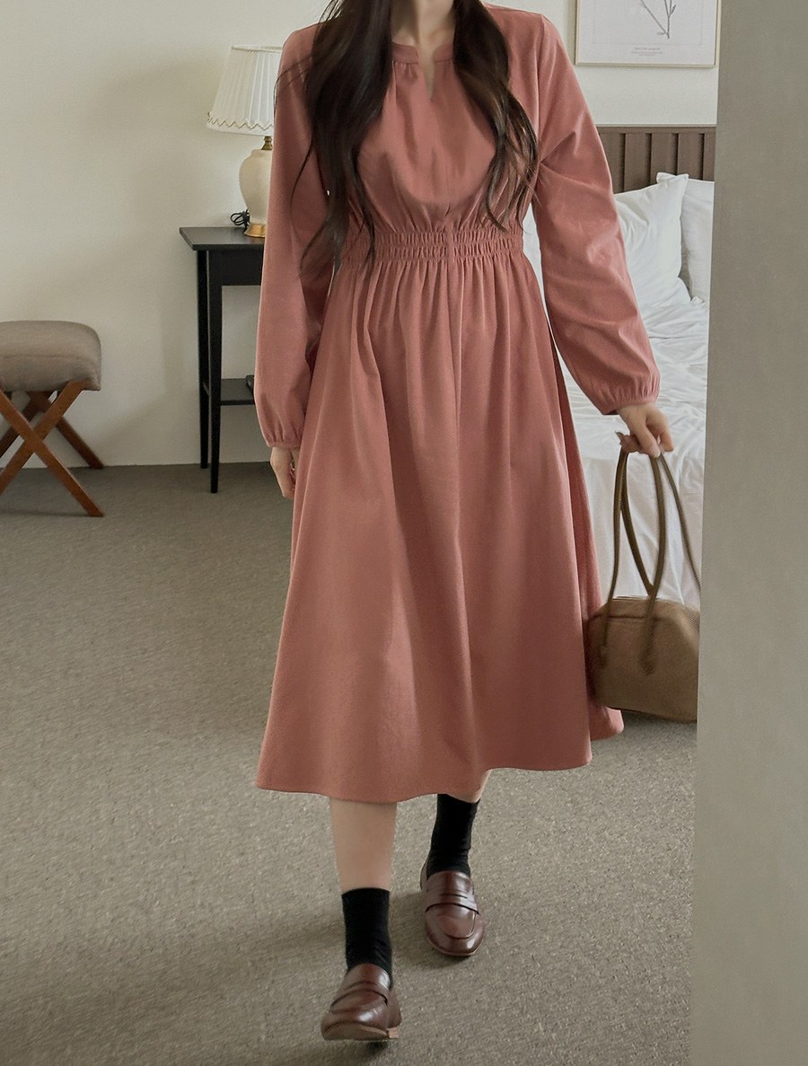 [EVELLET] Melboa Peach fleece shirring dress