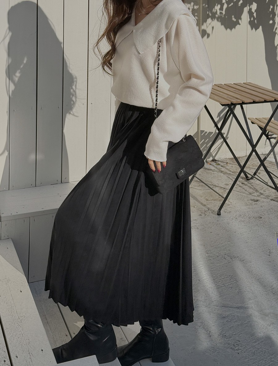 [EVELLET] Haclo Suede Pleats Back Banding Long Skirt