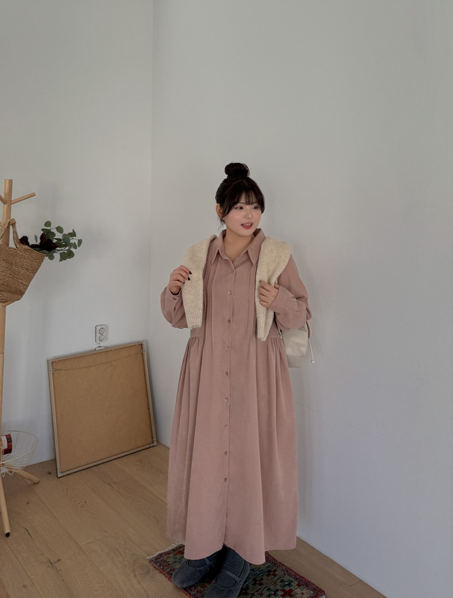 Dewyven Corduroy Pintuck Shirring Long Dress