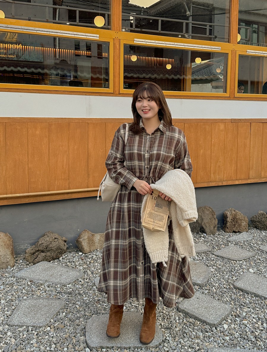 Nemua Peach Plaid Check Long Dress