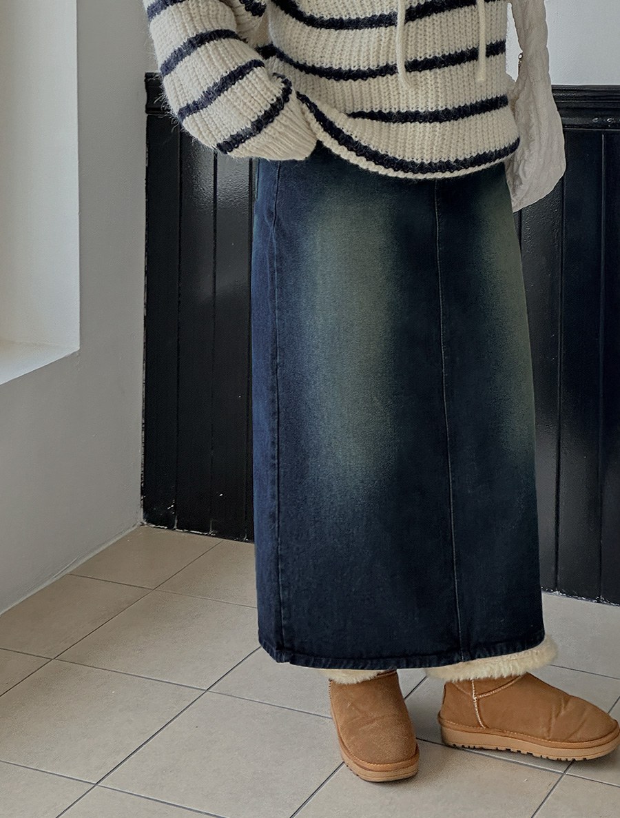 Enmion fleece Washing Long Denim Skirt