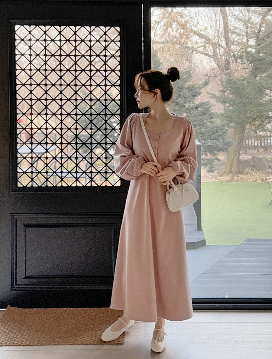 Hiroden Corduroy Square Neck Long Dress