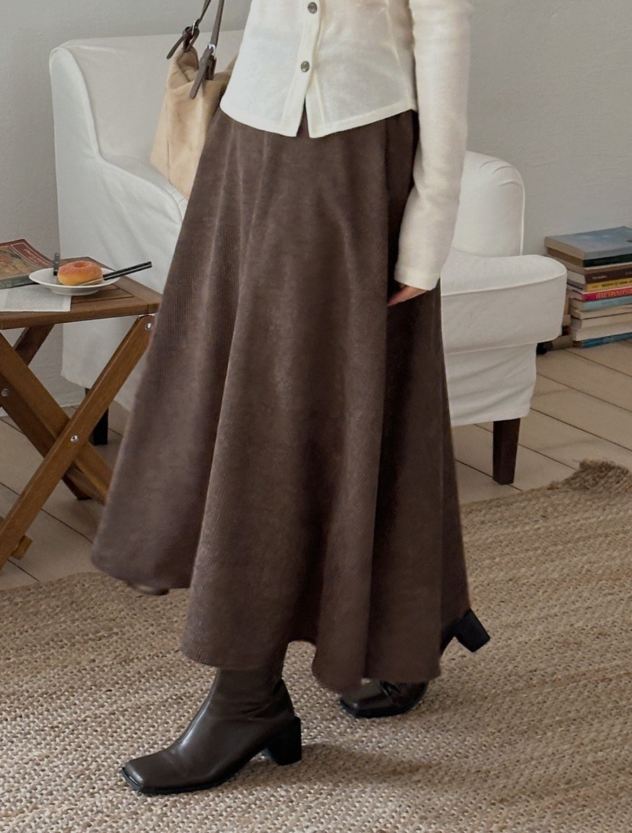 Denmuyi Corduroy Flare Long Skirt