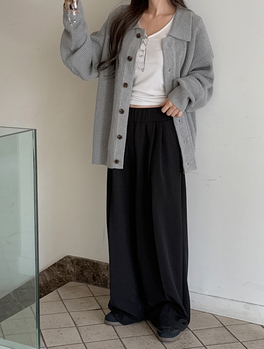 Enpurin Pintuck Wide Long Waistband Slacks