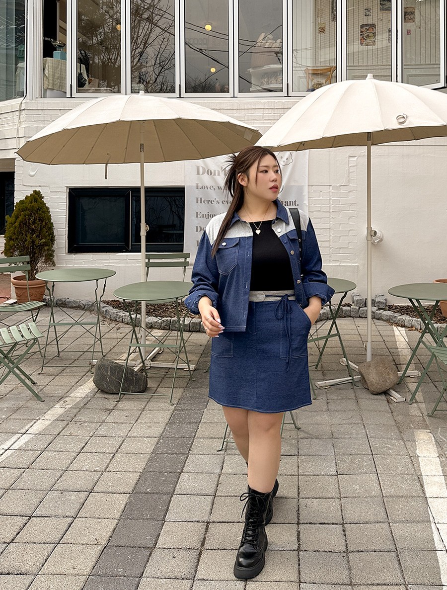 [EVELLET] Tmien color-coordinated stitching denim skirt