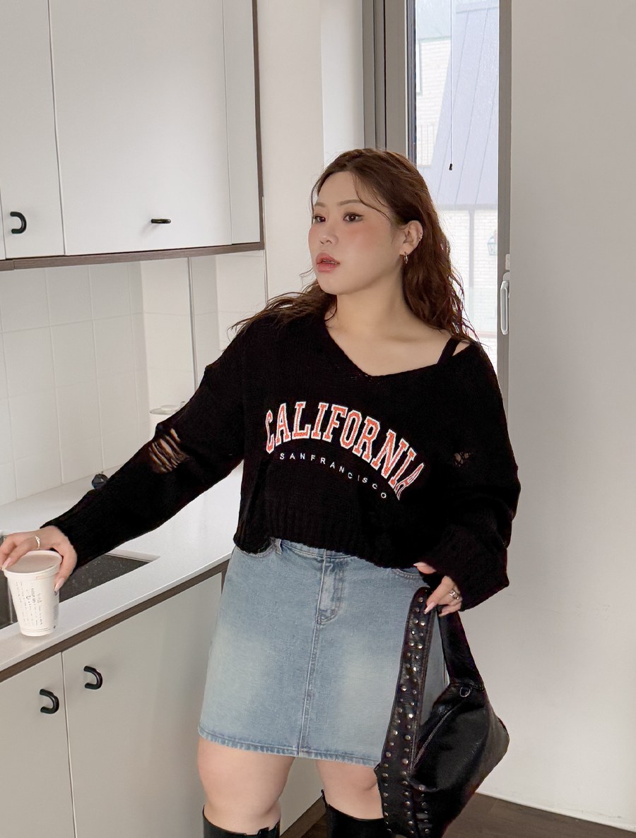 Duenmyu Graphic Print Damage Crop Knit