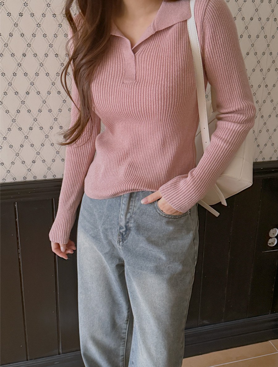 [EVELLET] Xenia Basic Collar Ribbed Knit