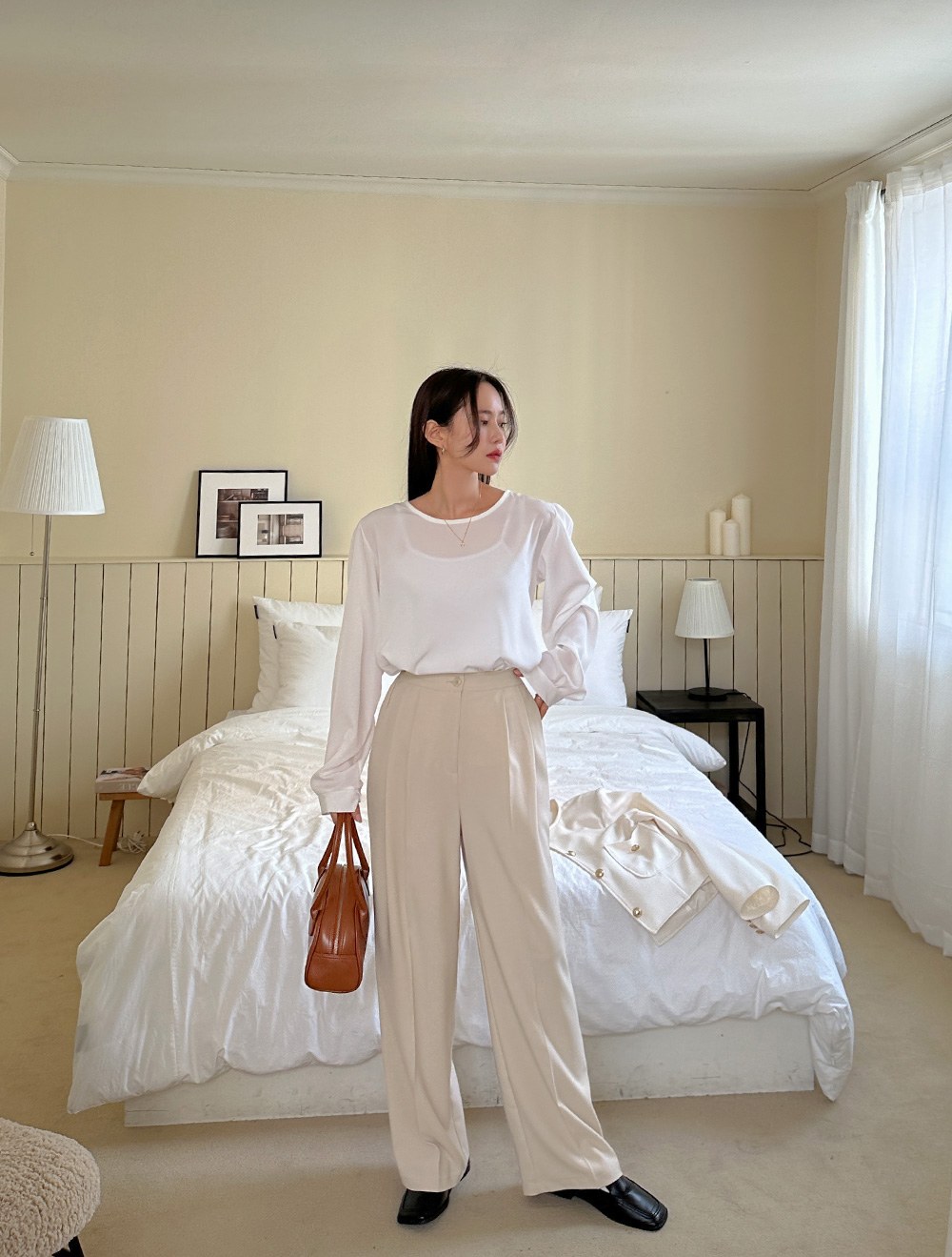 Kozand Back Banding Pin Tuck Wide Slacks