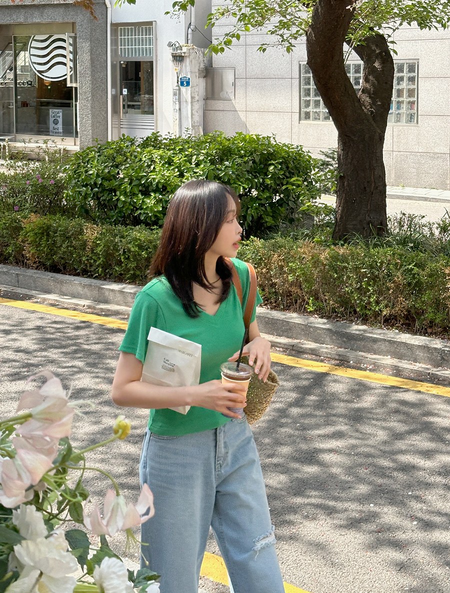 [EVELLET] Livni Slim Fit Ribbed V-neck T-shirt