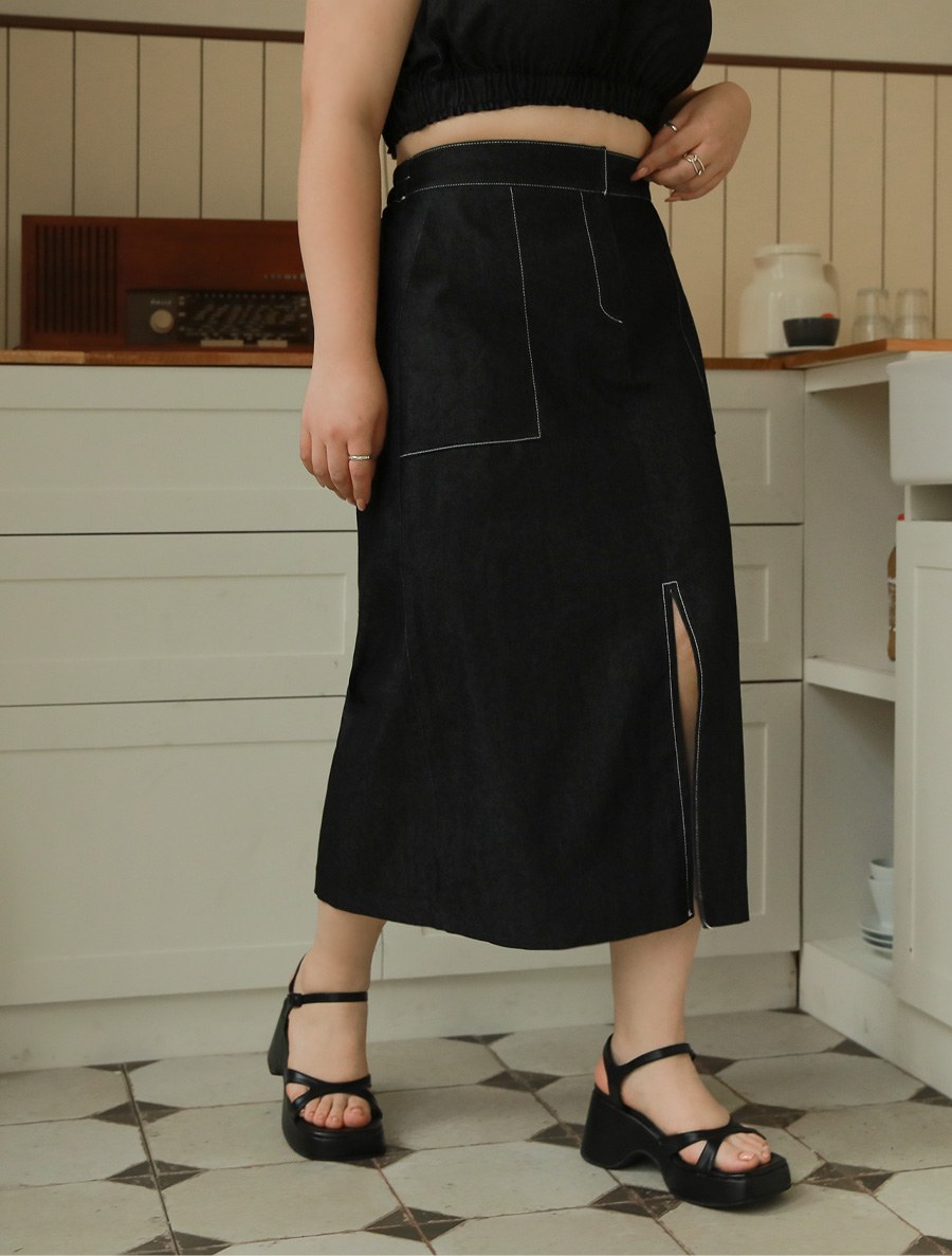 [EVELLET] Basenti Slit Denim Long Skirt
