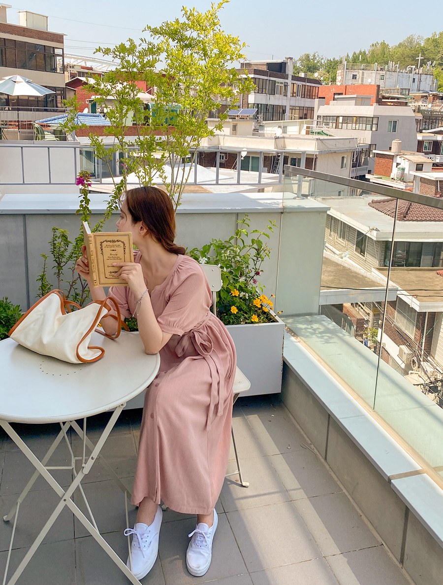 [EVELLET] Kuroro Linen nagrang Long Dress