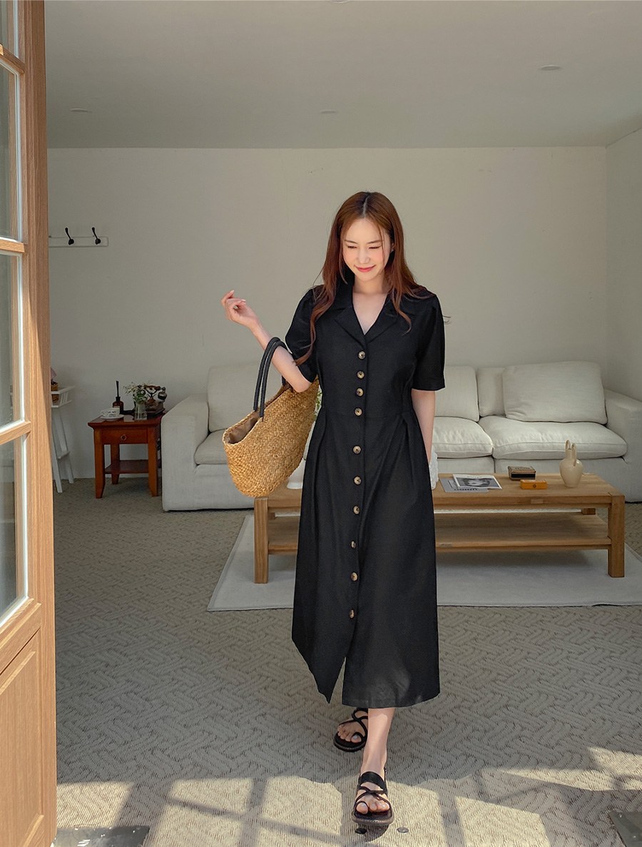 [EVELLET] Puredine Linen Waistband Long Dress