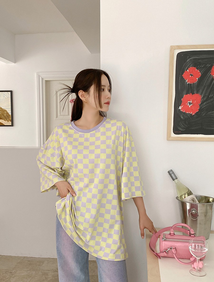 [EVELLET]Remute Checkerboard Long T-shirt