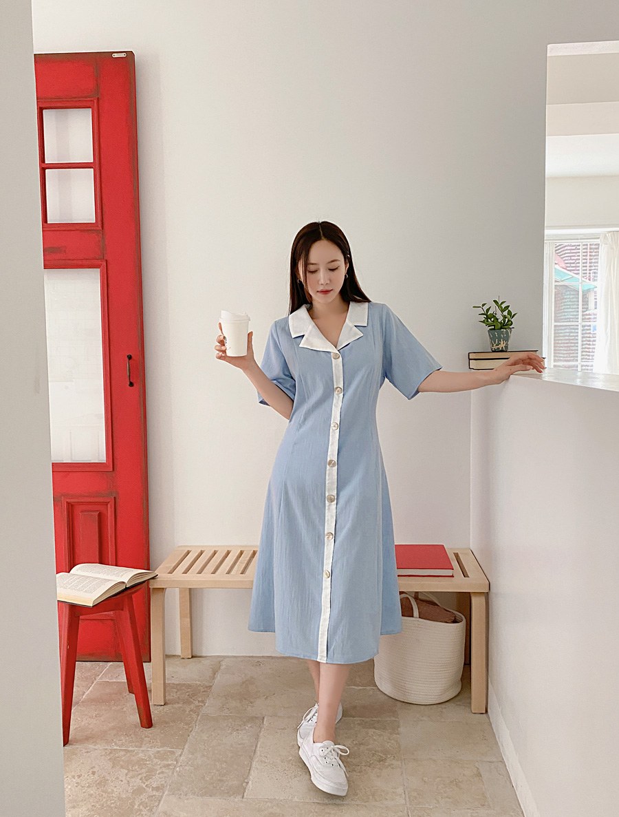 [EVELLET]Duelve Collar Contrast Dress