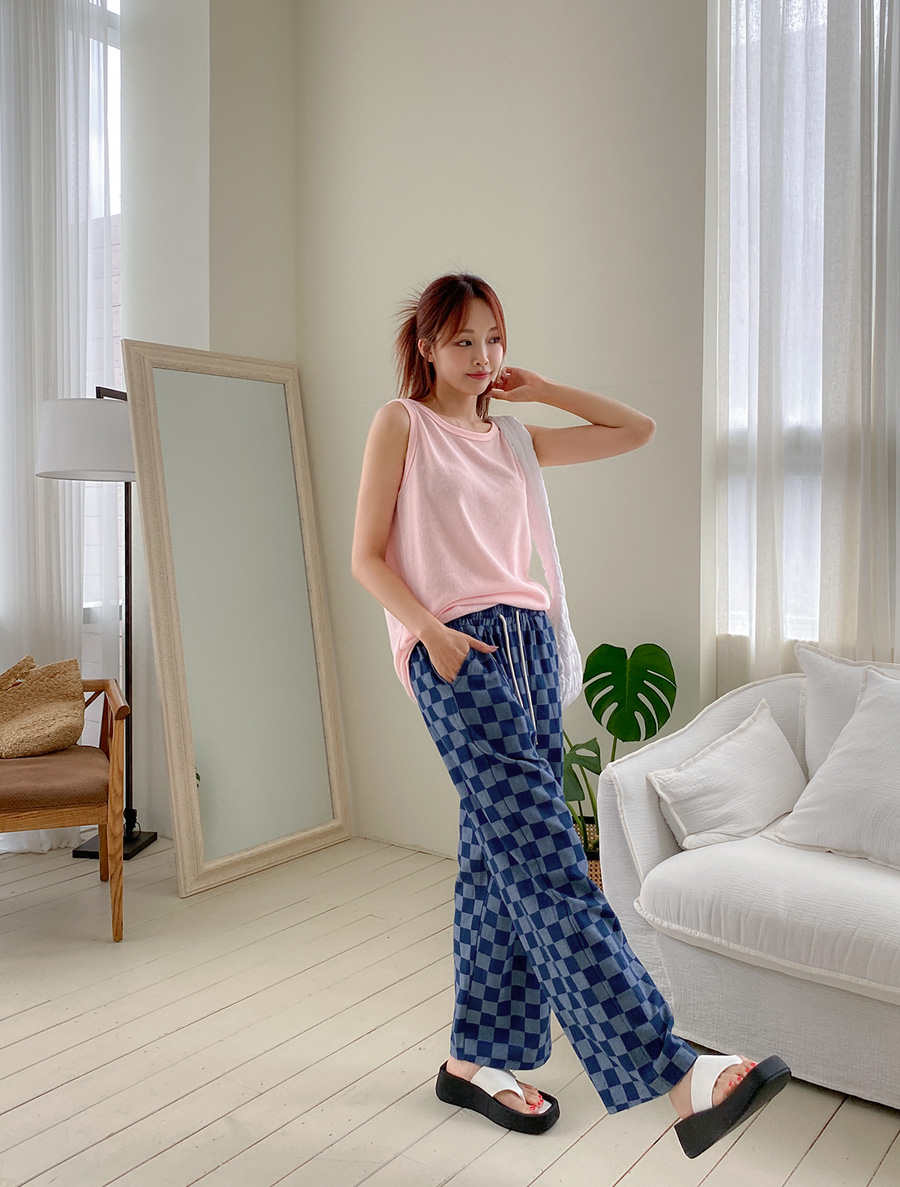 [EVELLET]Perunil Checkerboard Waistband Denim Pants