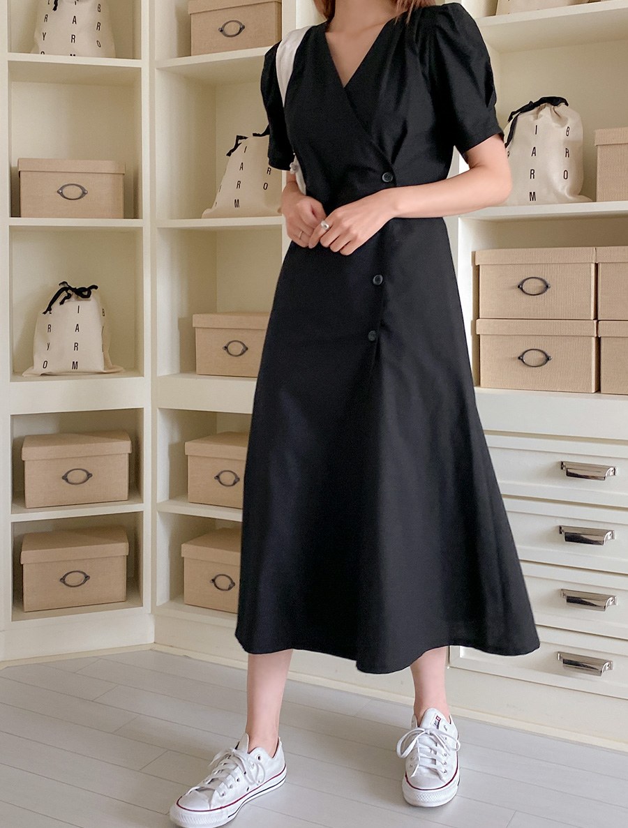 [EVELLET] Free V-neck Button Wrap Long Dress