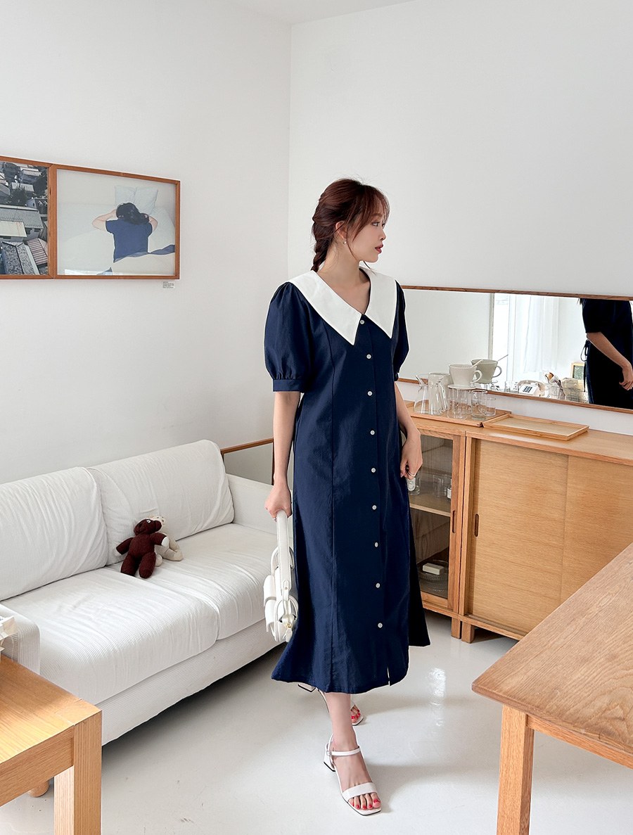 [EVELLET] Le Menche Contrast Collar Long Dress