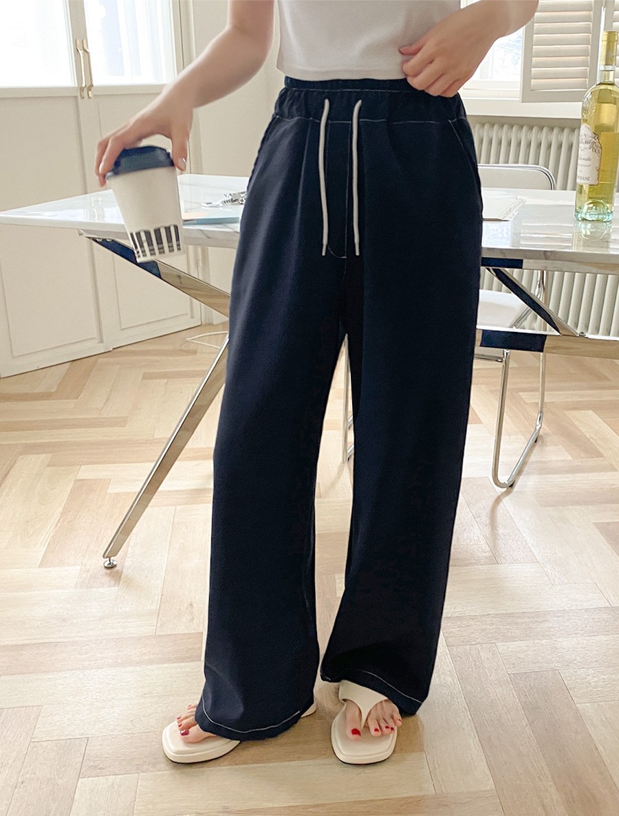 [EVELLET]Terry fur stitch wide waistband Pants