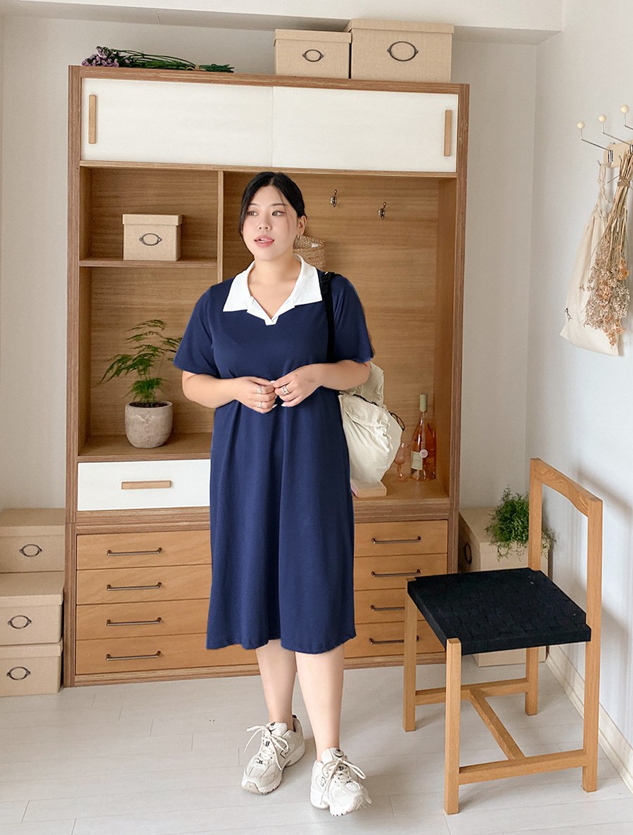 [EVELLET] Dunkyden Contrast Collared Long Dress