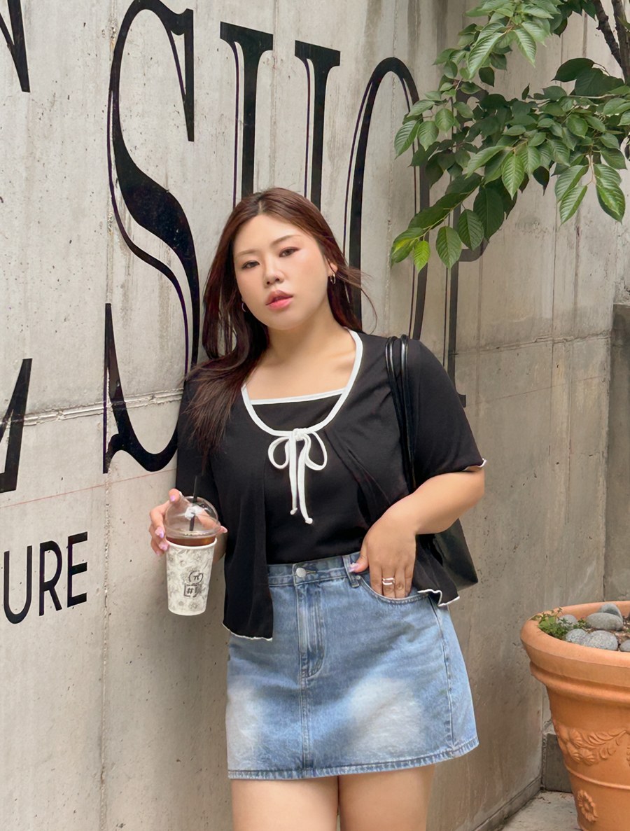 [EVELLET]Ayuden bowknot Contrast Sleeveless Cardigan SET