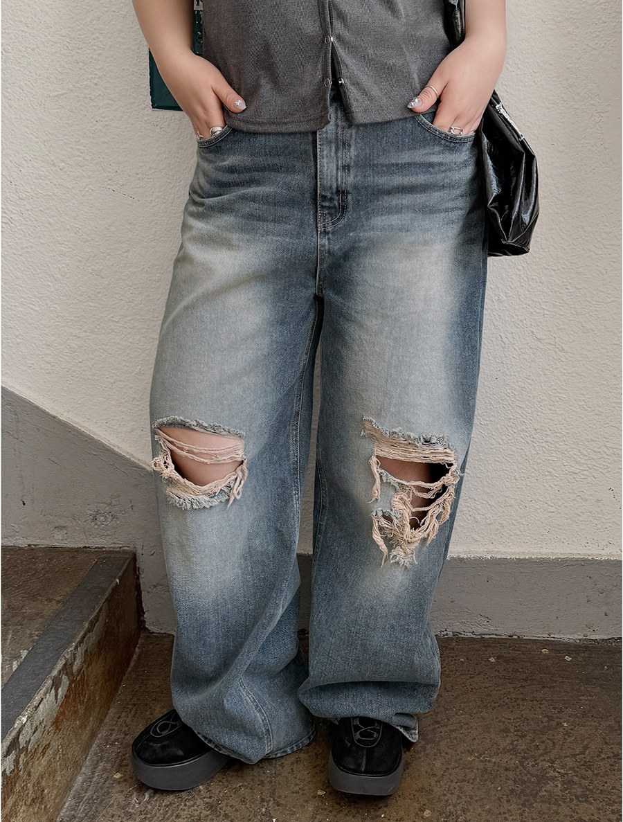 Benjua Vintage Washing Wide Long Denim Pants