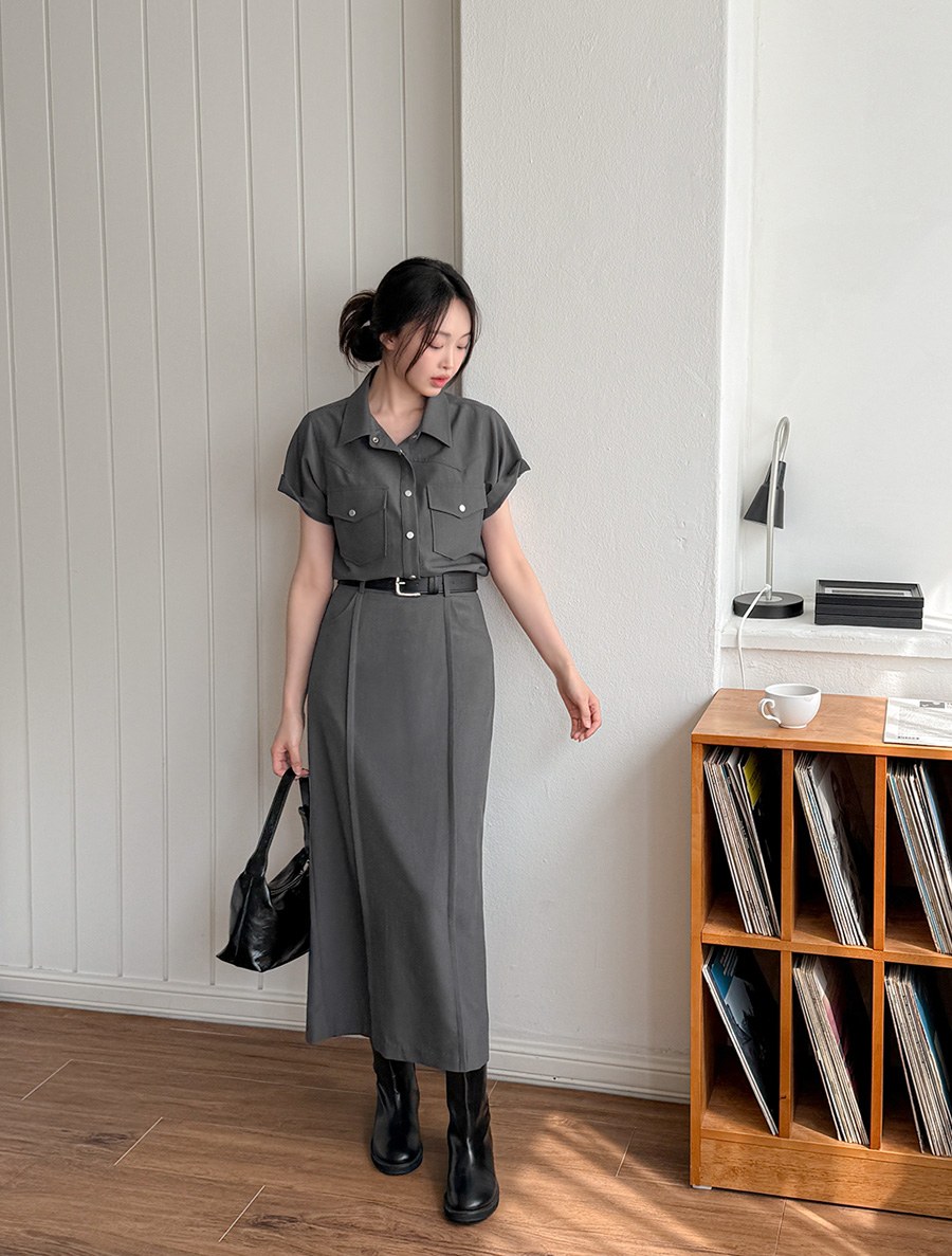 [EVELLET] Flowing Pocket Short Sleeve Shirt Long Skirt SET