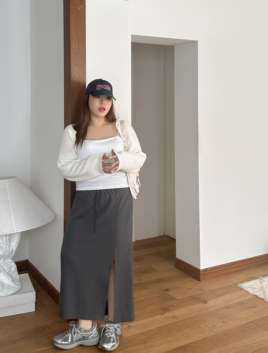 [EVELLET] Movidin Front-Slit Waistband Long Skirt