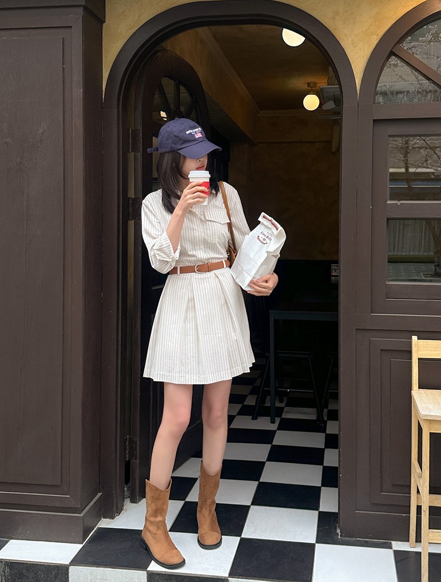 [EVELLET] Newflin Shirt Pleats Mini One Piece