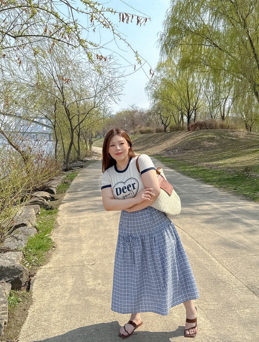 Lenite Plaid Check Shirring Bowknot Skirt