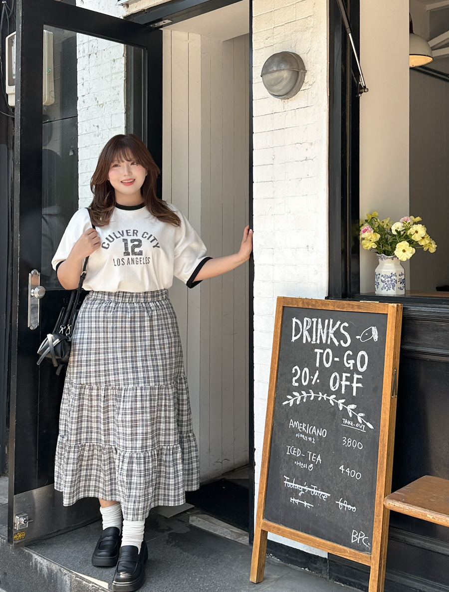 Onburen Plaid Check Tiered Long Skirt