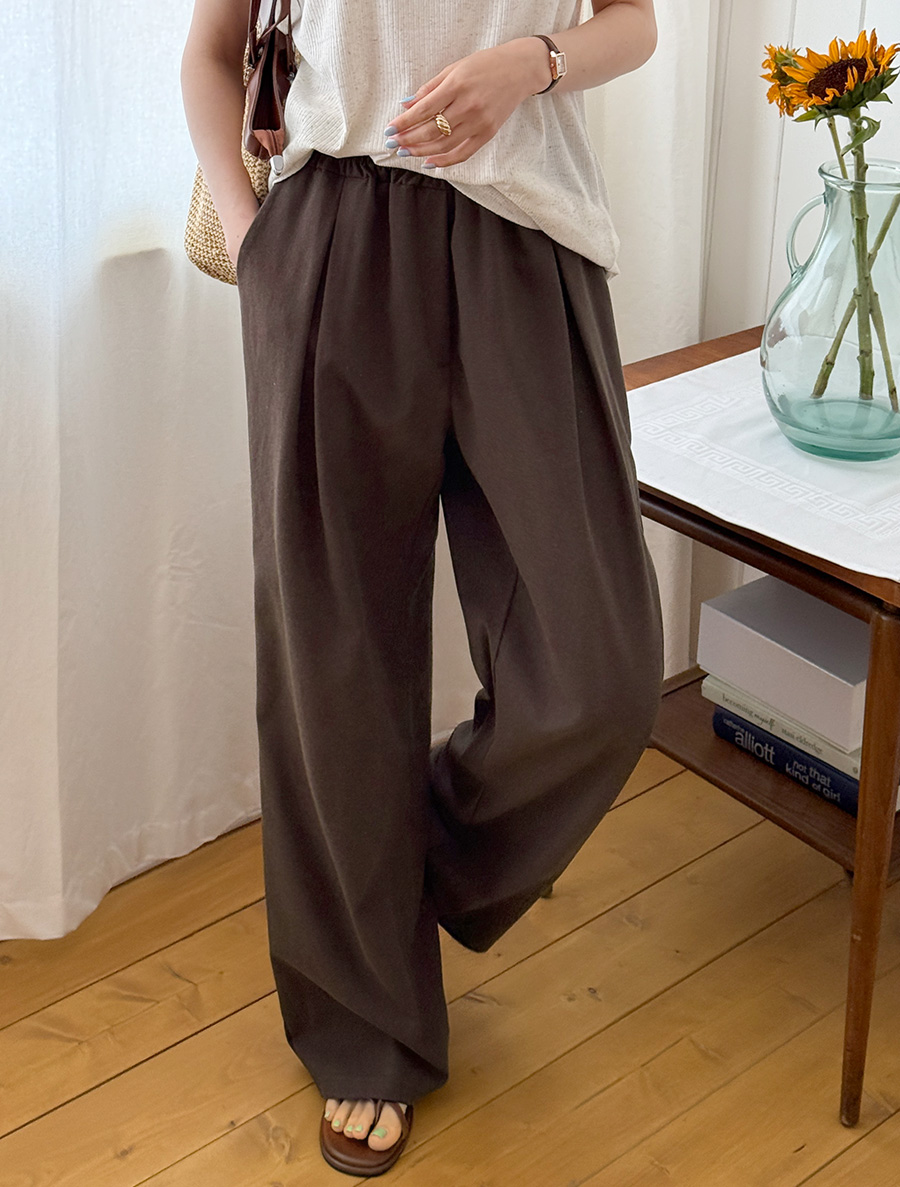 Amuhen Pintuck Wide Long Linen Pants