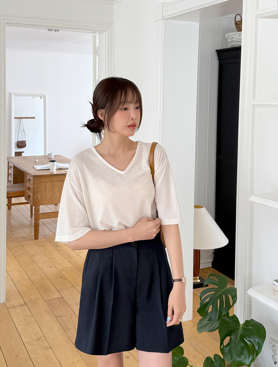 Ahenb Linen V-neck Basic T-shirt