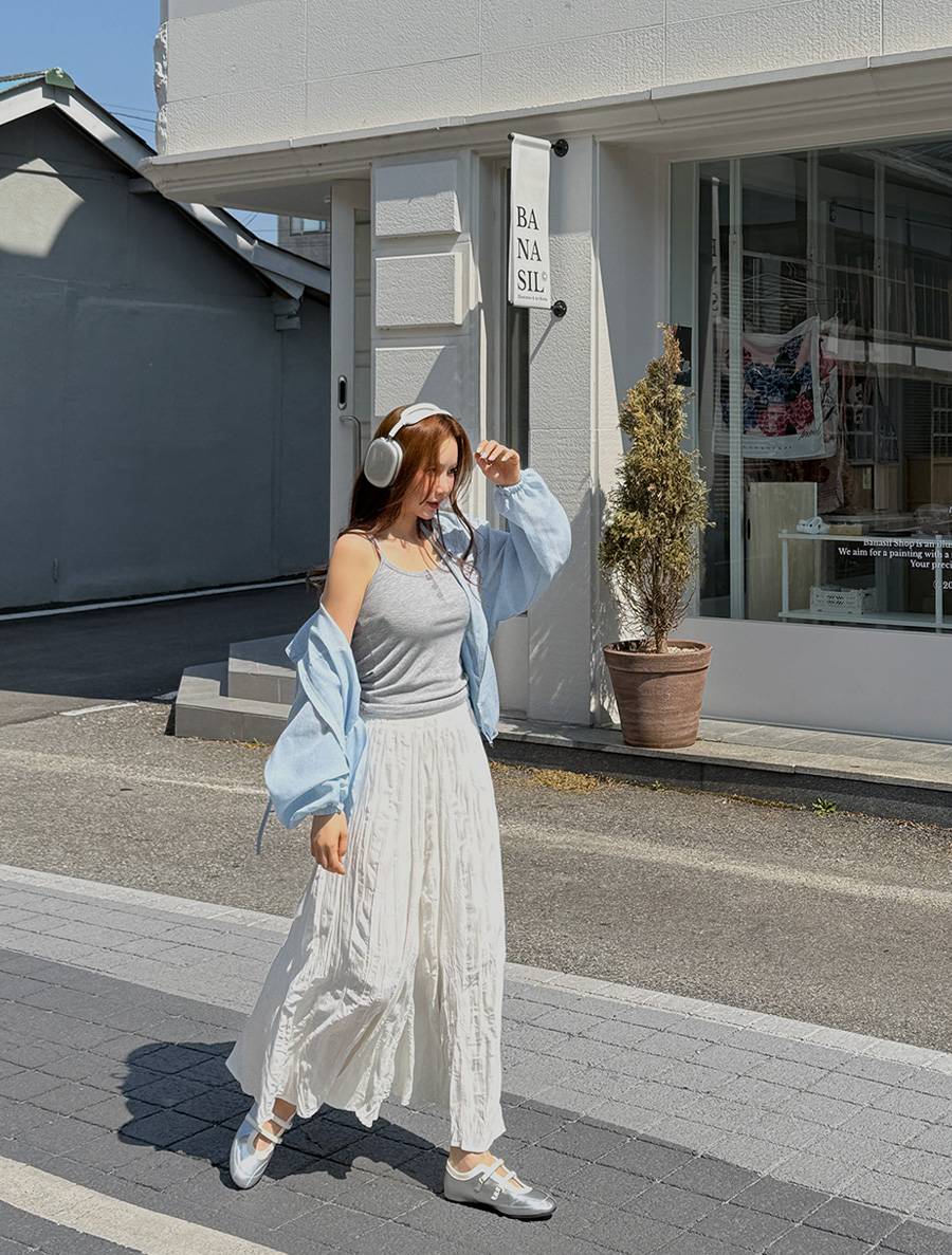[EVELLET] Erdi Wrinkles Flare Waistband Long skirt