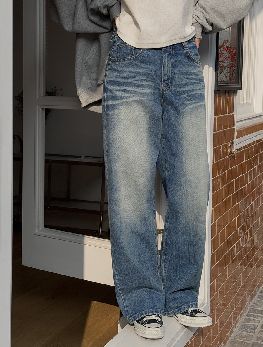 Purean Washing Semi Wide Long Denim Pants