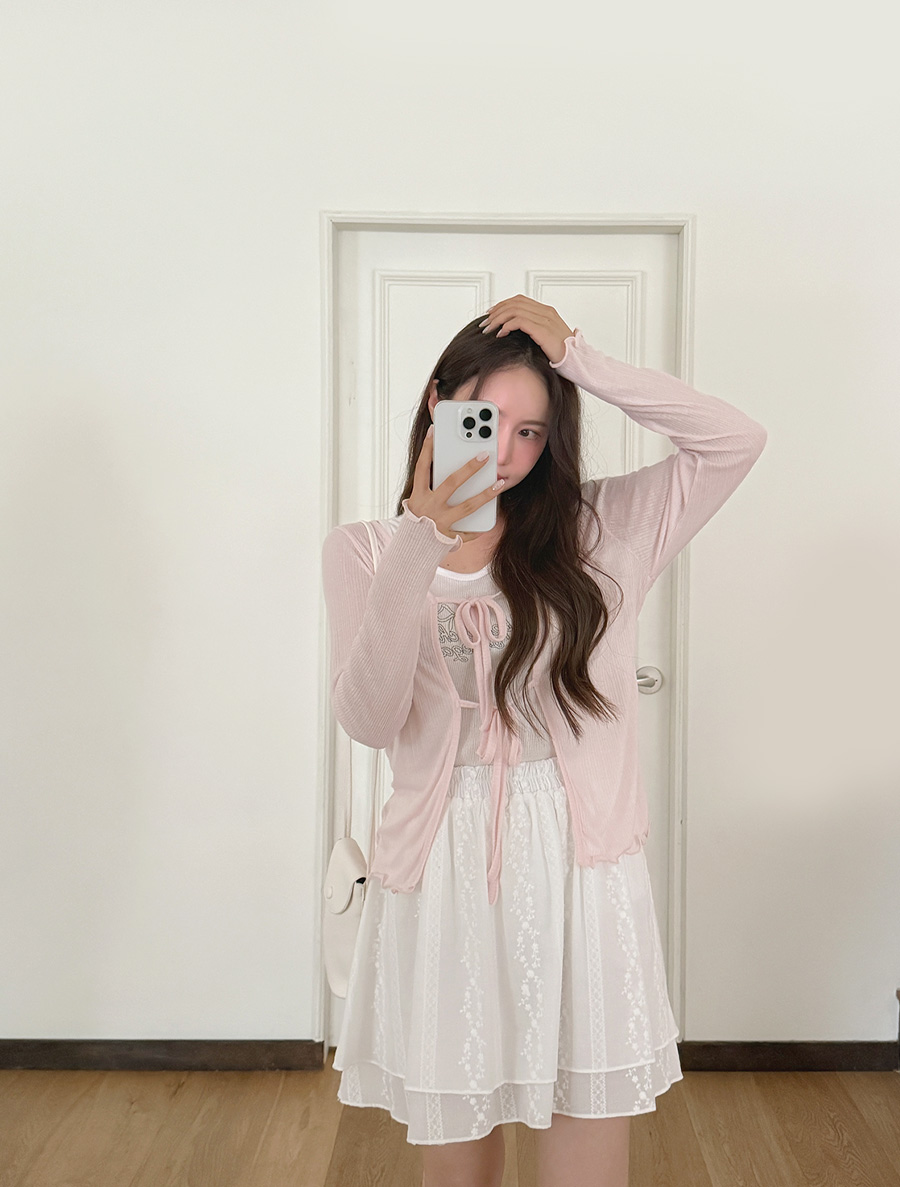 Newf See-through look bowknot wave Cardigan