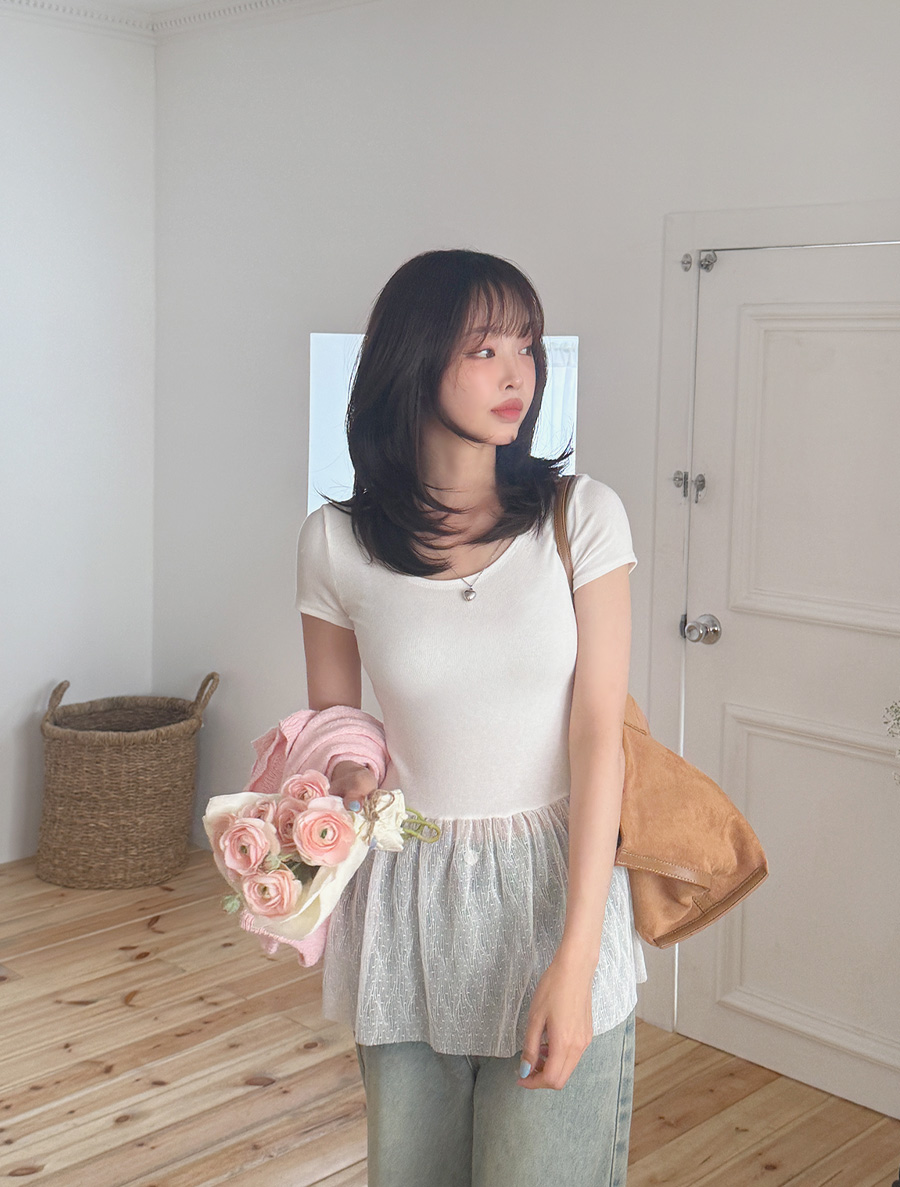 [EVELLET]Dennere Shirring Frill Layered T-shirt Blouse