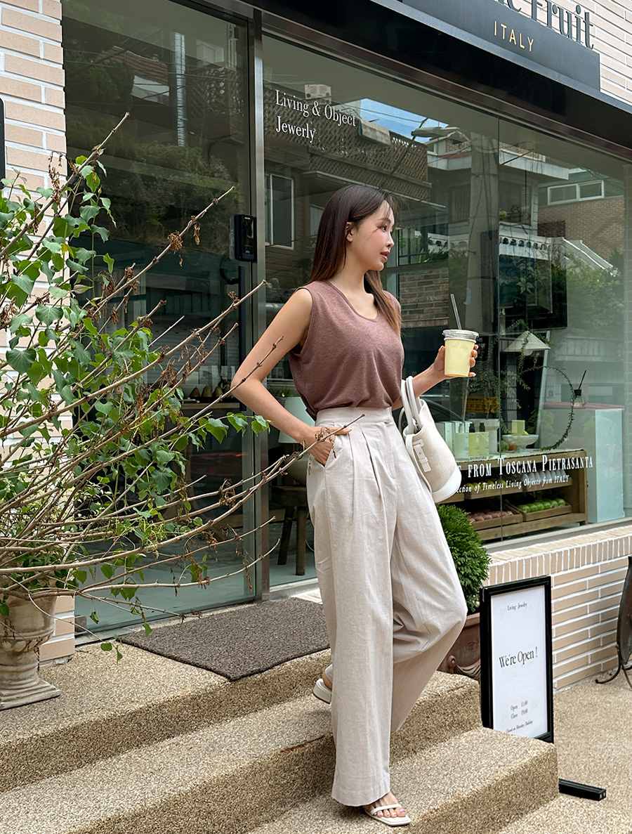 [EVELLET]Meratin Linen Waistband Slacks